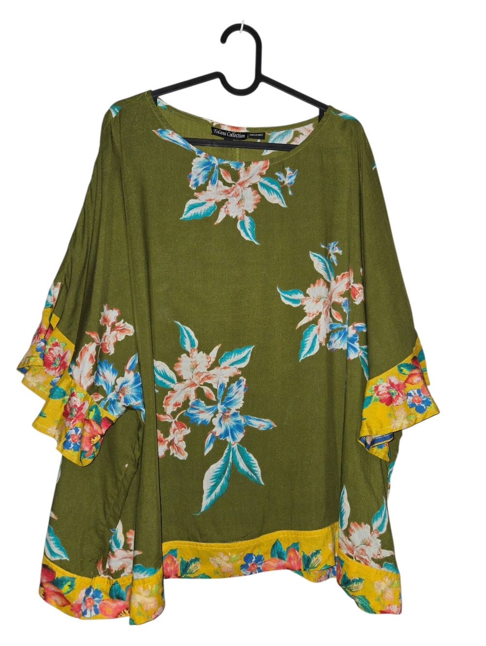 Tolani Collection Olive Green Floral Tunic Top Ruffle Sleeves Relaxed